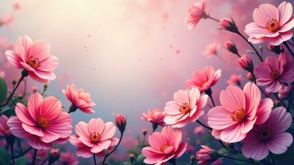 Fototapeta premium A Delicate Display of Pastel Pink Blossoms, Gently Swaying in a Soft Breeze, Petals Dancing in the Air, Creating a Dreamy and Serene Atmosphere