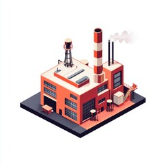 Obraz premium Isometric industrial factory with red building and tall smokestacks emitting smoke on white background.