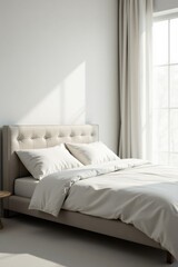 Sunlight streams into a minimalist bedroom, illuminating a neatly made bed with crisp white linens and a light beige upholstered headboard.