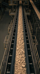 Fototapeta premium Industrial Conveyor Belt Transporting Crushed Stone in a Quarry or Mining Facility Operation