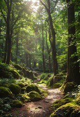 Obraz premium a sun-dappled path winds through a lush, moss-covered forest, creating a serene and enchanting woodland scene.