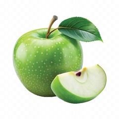realistic 3d fresh green apple with leaf and slice isolated on transparent background