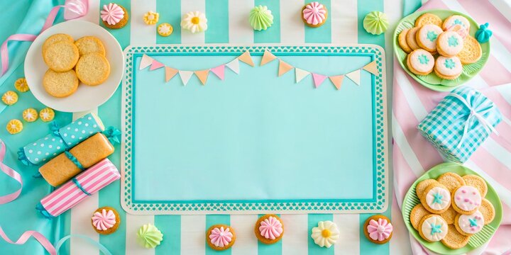 Colorful Dessert Table with Cookies, Cupcakes, and Decorative Elements for Celebrations