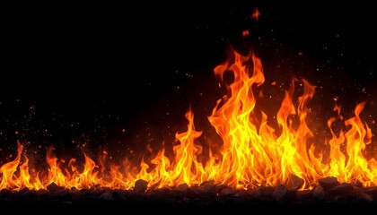 Bright and Intense Fire Flames Burning Wildly Against a Dark Background