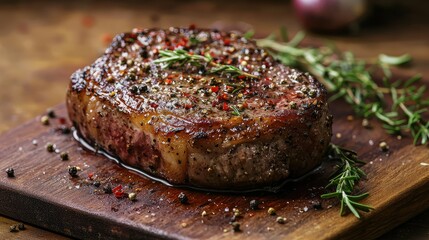 A perfectly cooked steak resting on a cutting board with a few sprigs of rosemary, fresh thyme, and a sprinkle of chili flakes.