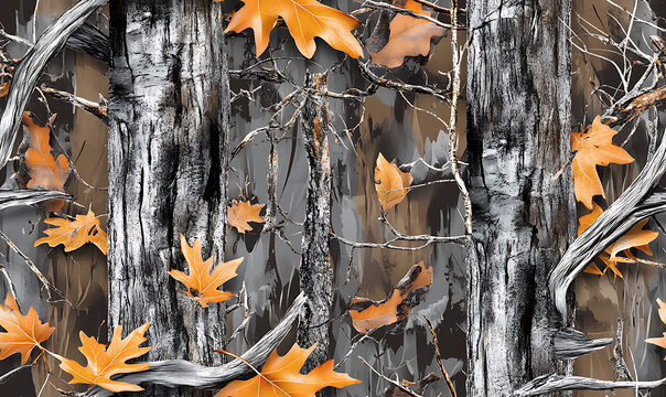 A camouflage pattern made of real tree branches and green leaves, with an American-style camo design for hunting