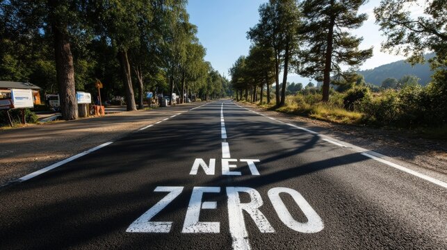 A scenic road lined with trees displays the words "NET ZERO" painted on the asphalt, symbolizing environmental sustainability, Net Zero Emissions .