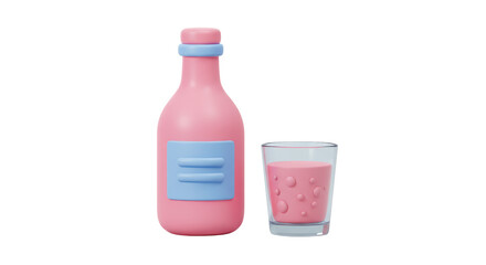 Isolated Pink Bottle and Glass of Strawberry Milkshake Cartoon Style
