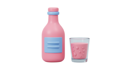 Isolated Pink Bottle and Glass of Strawberry Milkshake Cartoon Style