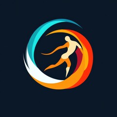 Obraz premium Abstract emblem of a female athlete in motion, surrounded by a circular swoosh in orange and teal.