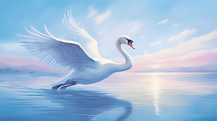 Swan gliding gracefully across calm water at sunrise nature photograph serene environment tranquil viewpoint