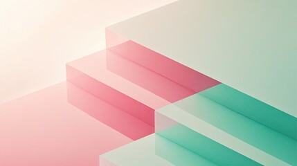 A geometric abstract composition featuring overlapping transparent shapes in soft pastel pink and mint green tones with soft shadows and a clean, modern aesthetic.