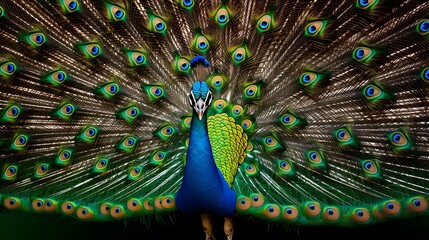 Obraz premium Majestic peacock displaying its feathers in nature vibrant colors close-up wildlife photography