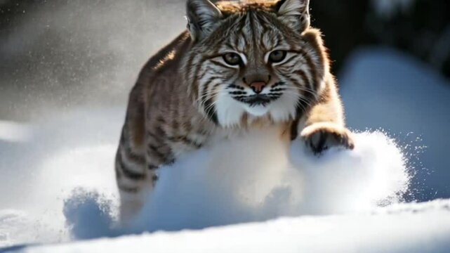 Powerful wildcat strides through snowy landscape.  A focused, alert creature moves across a wintery scene, with a sense of energy and power