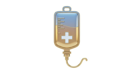Isolated Golden IV Drip Bag with Cross Symbol for Medical Treatment