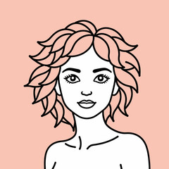 Line Art Woman with Curly Hair Illustration_Fashionable Female Portrait with Delicate Features_Graphic Design for Hair Style and Beauty Blog