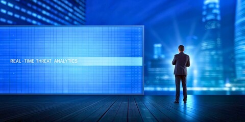 Businessman Analyzing Real-Time Threat Analytics on a Digital Display in a Modern Cityscape