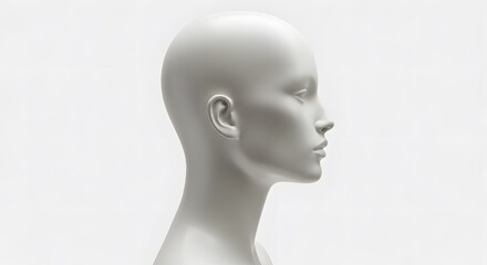 AI image displaying a clean, neutral white mannequin head shown in perfect profile view against a plain white background surface.