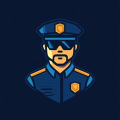 Cartoon-style police officer in uniform with sunglasses and badge on dark background, confident pose.