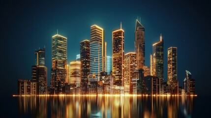 Fototapeta premium Digital skyline of a smart city, lit with neon grid lines on deep blue