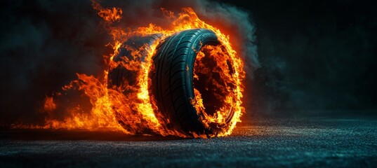 Bachelor's party concept, a burning car tire on a black background with smoke and fire, a sport tire for poster or banner design. High-quality