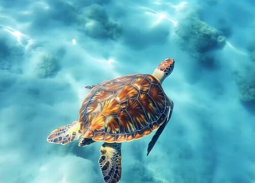 Sea turtle swimming in vibrant turquoise water.  Detailed patterned shell