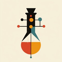 Chemistry flask with orange liquid, geometric shapes and circles, flat modern scientific design.