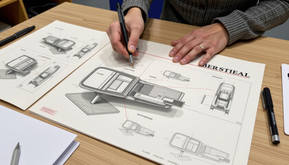A person sketches a technical drawing of a modern device on paper, surrounded by pens and additional design drafts on a wooden desk.