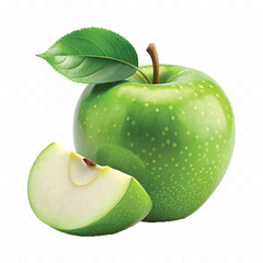 realistic 3d fresh green apple with leaf and slice isolated on transparent background