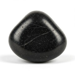 Close up of a polished black tourmaline stone with white veins on a white background studio shot