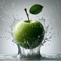 Fresh green apple with dynamic water splash isolated on white background for health or freshness concept