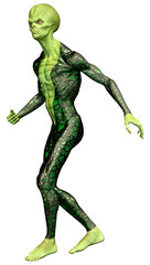 3D Rendering Green Alien on White