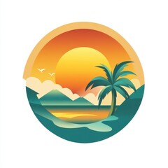 Obraz premium Tropical beach landscape with palm trees, sunset, ocean, and birds, round vector illustration.