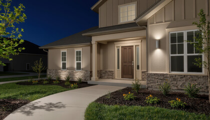 A well-lit modern house exterior at night with a landscaped front yard and clean walkway.