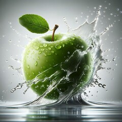 Fresh green apple with dynamic water splash isolated on white background for health or freshness concept
