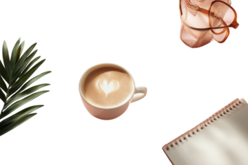 A heart shaped latte art coffee perfect for a peaceful morning bathed in soft sunlight and palm