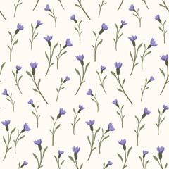 Seamless floral pattern, liberty ditsy print of tiny hand drawn cornflower flowers. Cute botanical design with small purple flowers, leaves. Mini flora in abstract composition. Vector illustration. © Yulya i Kot