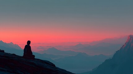 Obraz premium Person Meditating at Sunset in Mountains