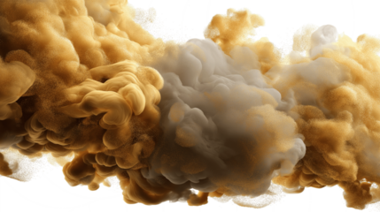 Abstract swirling clouds of golden and grey paint isolated on white transparent background