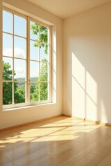 Bright sunlight streams through a large window in an empty room with light hardwood floors, illuminating the space with a warm and inviting glow.
