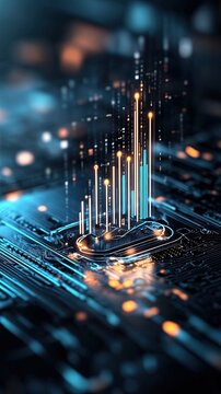 Ethical financial resource conservation governance strategy Abstract digital technology with glowing data visualizations and circuit board elements.