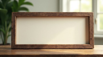Fototapeta premium Rustic Wooden Frame with Blank Canvas on Wooden Table, Perfect for Your Design or Message