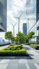 Ethical financial resource conservation governance strategy Modern green rooftop with plants and wind turbines against a city skyline.