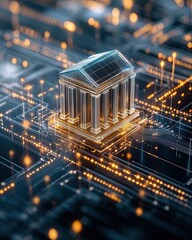 Ethical financial resource conservation governance strategy A digital representation of a classic building on a circuit board, symbolizing connectivity.