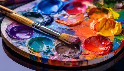 Fototapeta premium a detailed close up view of an artist palette reveals a wide spectrum of vibrant paints vertical