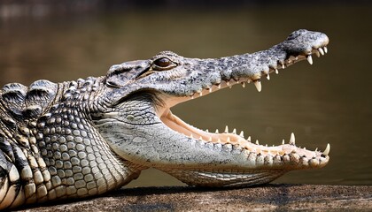 Obraz premium a crocodile is shown with its mouth open looking at the camera