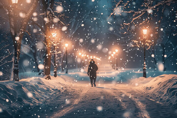 Embracing solitude and self reflection in the serene beauty of a snowy nighttime landscape, listening to the peaceful sound of footsteps and gentle rustling of trees    