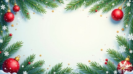 Festive Winter Holiday Scene with Ornamental Balls and Evergreen Branches for a Blank Seasonal Greeting Card Design