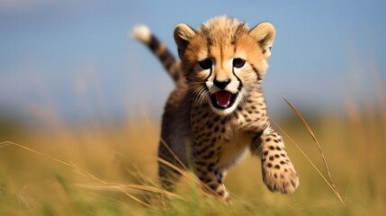 Obraz premium Playful baby cheetah running in grasslands nature background wildlife photography outdoor environment close-up view
