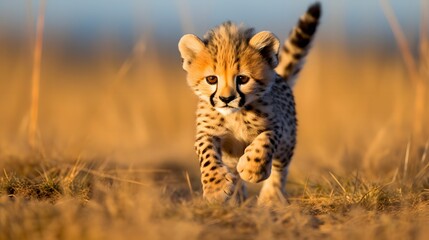 Obraz premium Playful baby cheetah running in grasslands serengeti background wildlife photography natural environment close-up view joyful concept